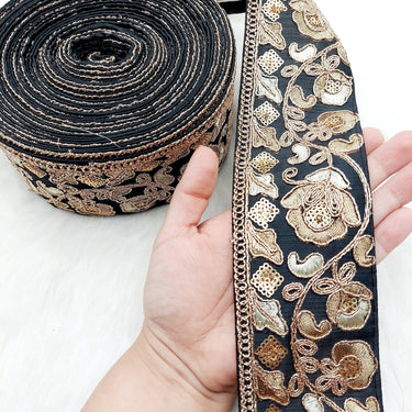 Silk Trim Gold Floral Embroidered Sequins Trim, Decorative Trim, Indian Sari Border